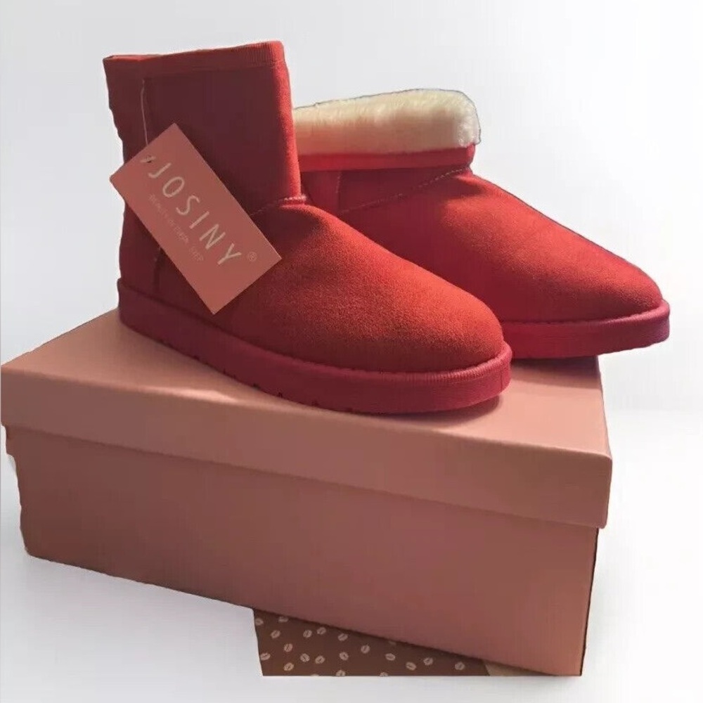 NIB JOSINY Faux Suede Fur Lined Short Winter ANKLE Boots Shoes Size 8 Red